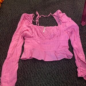 Free People Bubblegum Pink Smocked Long-Sleeve Crop Top